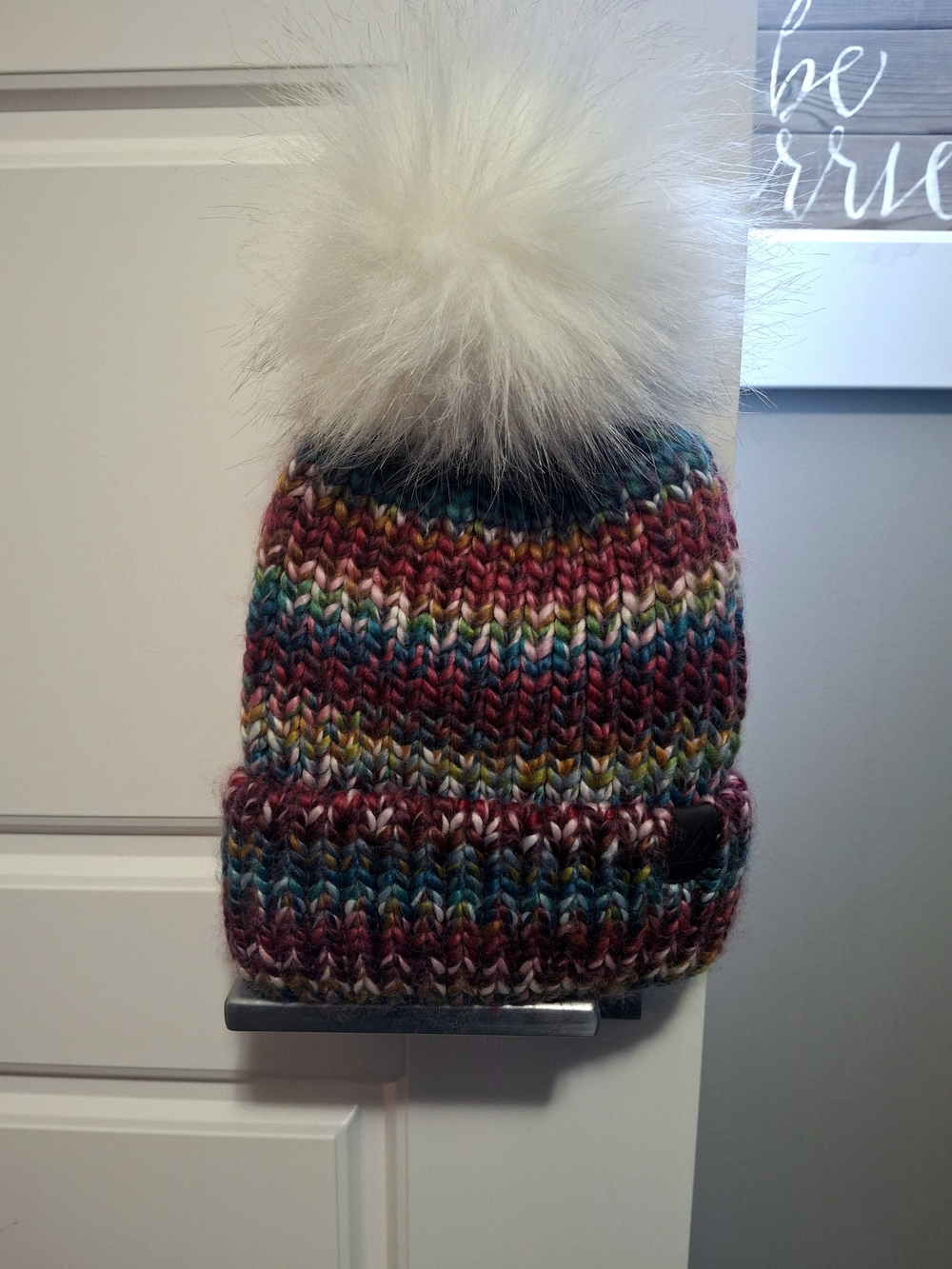 Girls Knit Beanie with White Faux-Fur Pom
